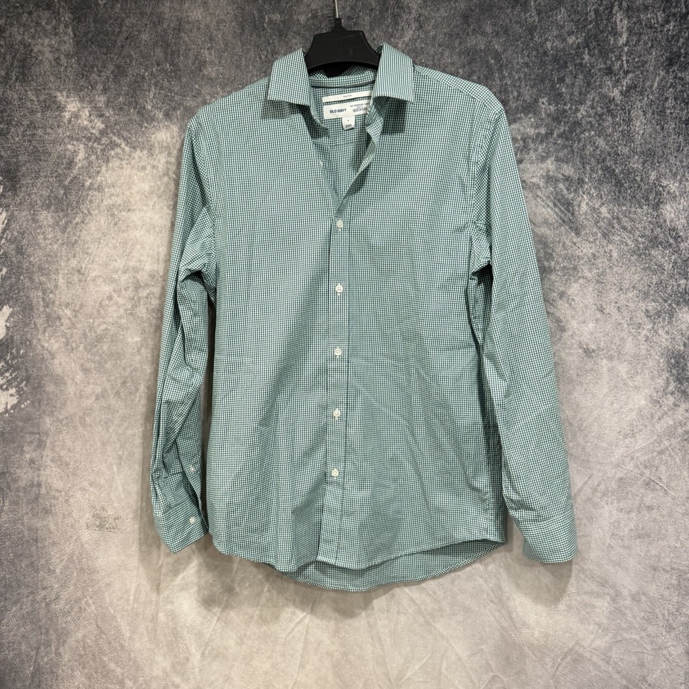 Old Navy Shirt Men's Green Gingham Slim Fit Built In Flex Cotton Long Sleeve L
